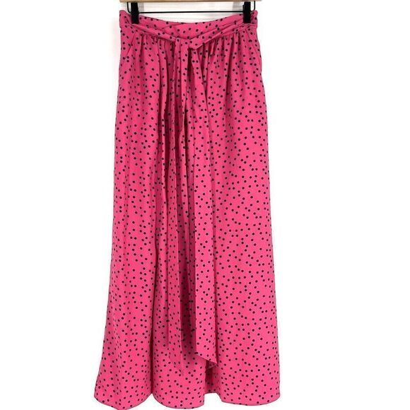 J Peterman Maxi Skirt Size 4 Pink Navy Polka Dot Print A Line Retro Tie Waist - Picture 1 of 8